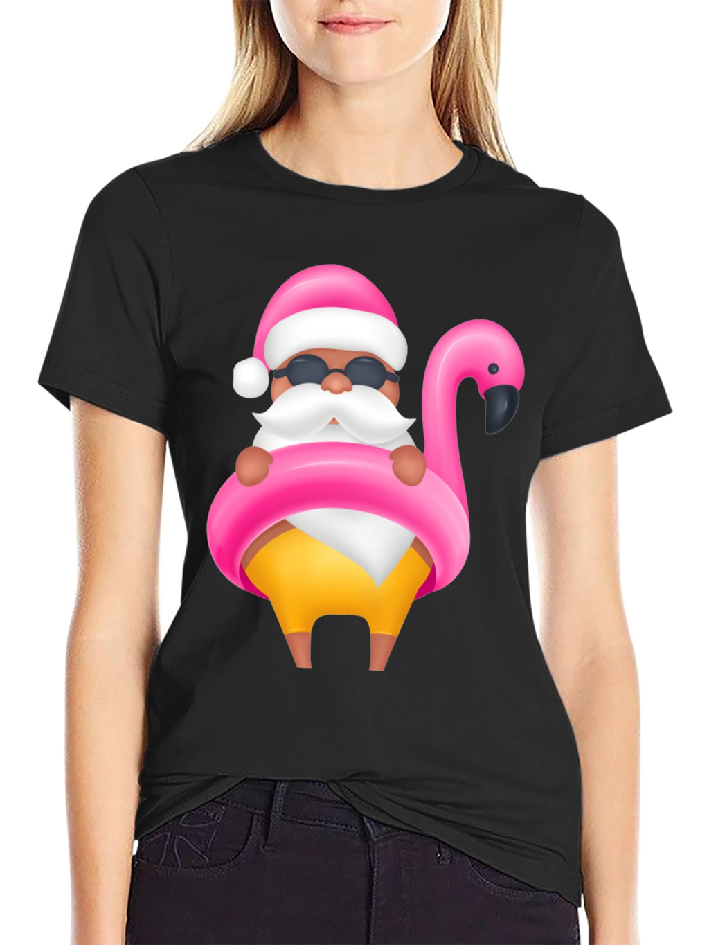 Santa Flamingo Black T-Shirt