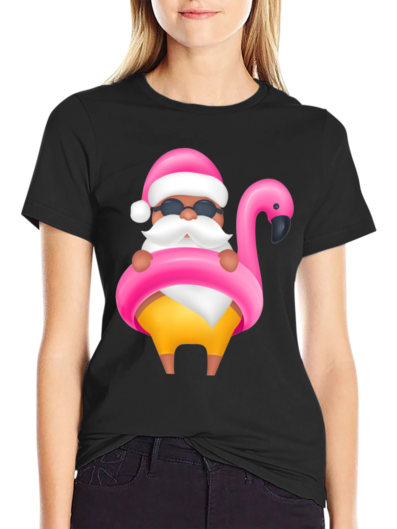 Santa Flamingo Black T-Shirt