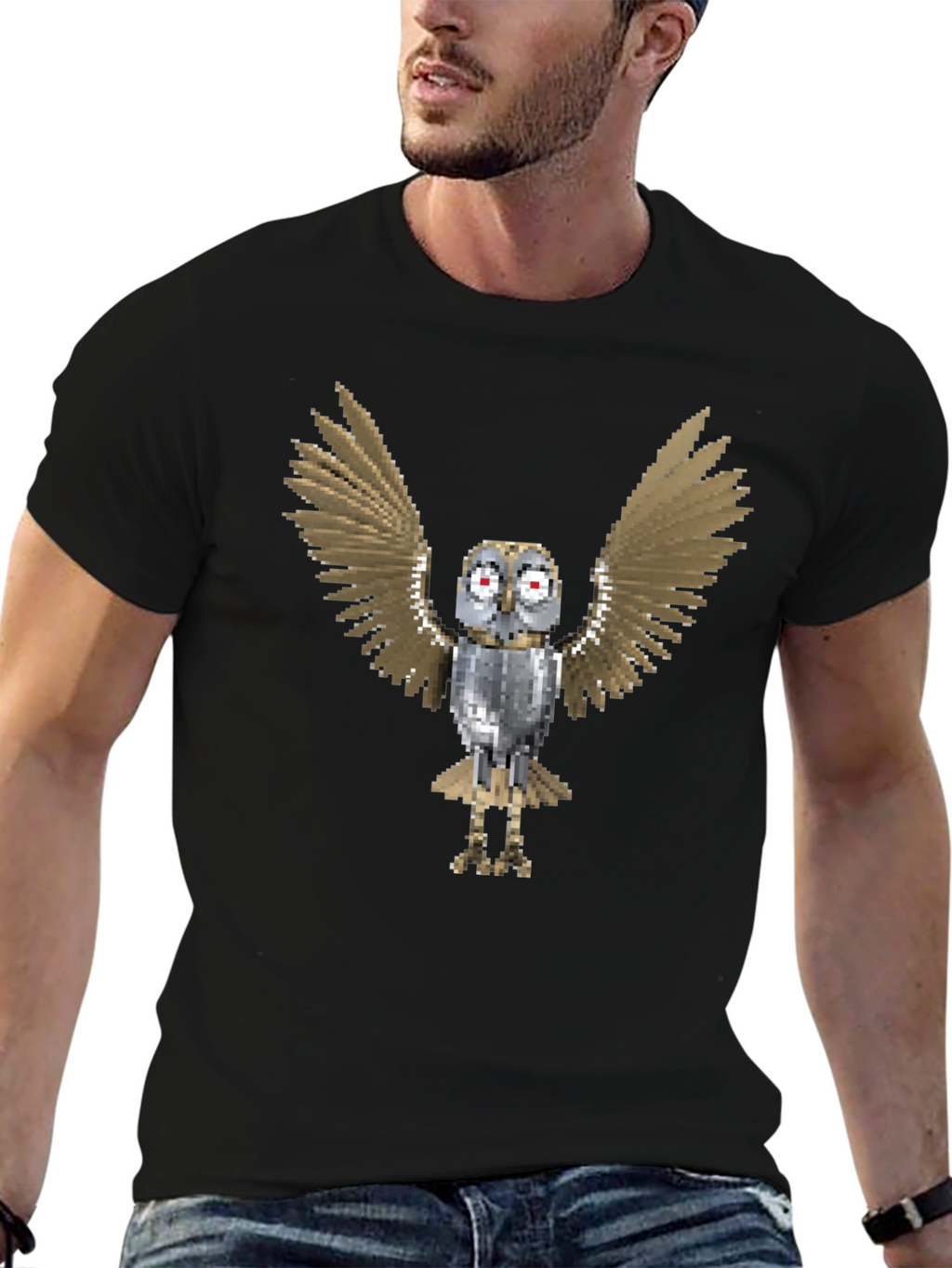 Pixel Art Owl Graphic Tee - Mens Black T-Shirt