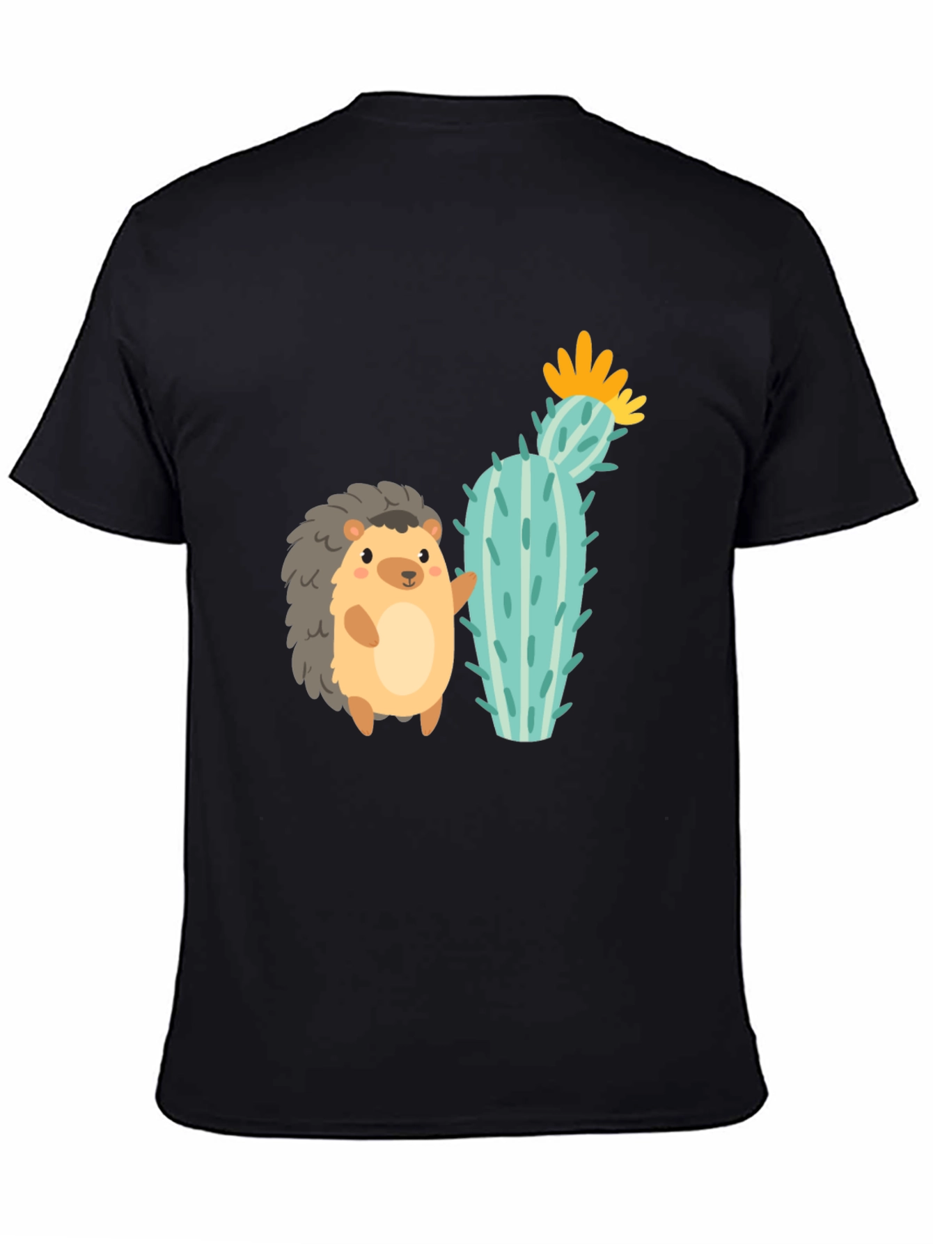 Cute Hedgehog & Cactus Graphic Tee - Unisex Black T-Shirt
