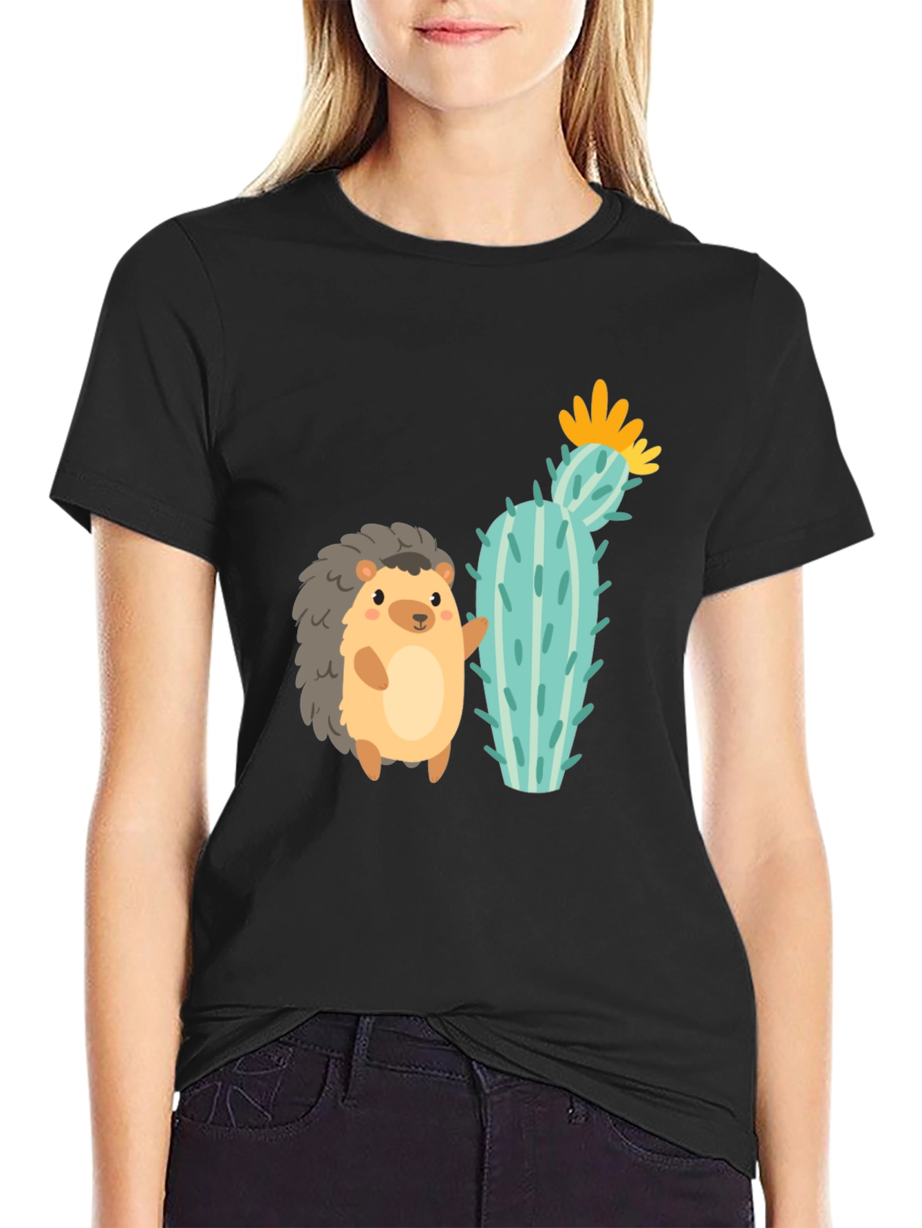 Cute Hedgehog & Cactus Graphic Tee - Unisex Black T-Shirt