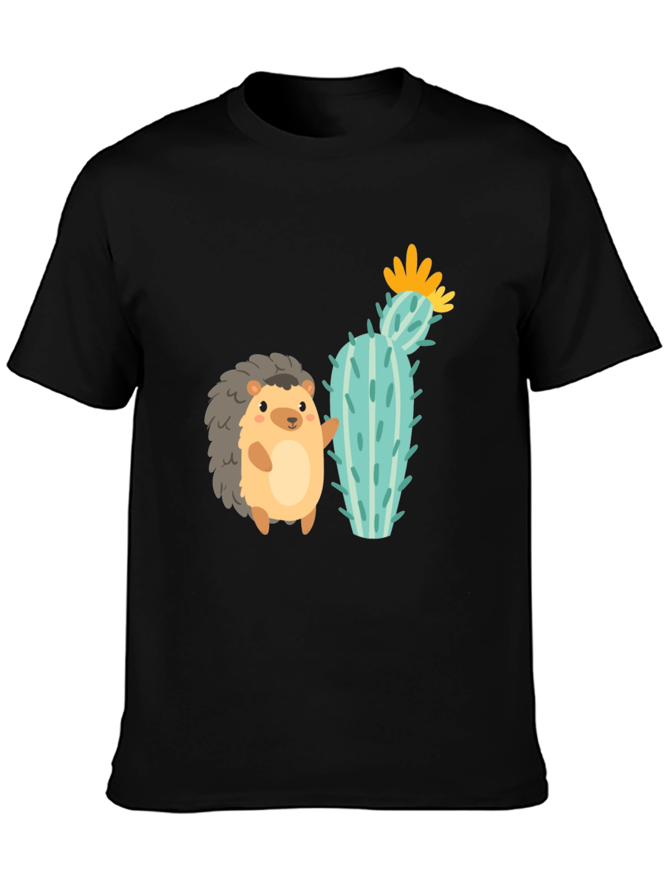 Cute Hedgehog & Cactus Graphic Tee - Unisex Black T-Shirt