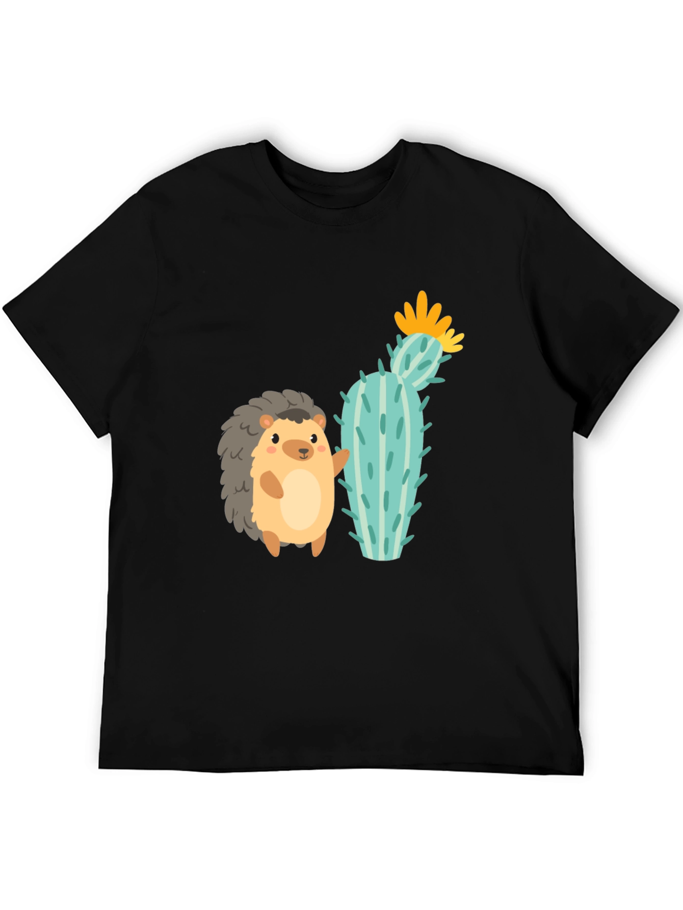 Cute Hedgehog & Cactus Graphic Tee - Unisex Black T-Shirt