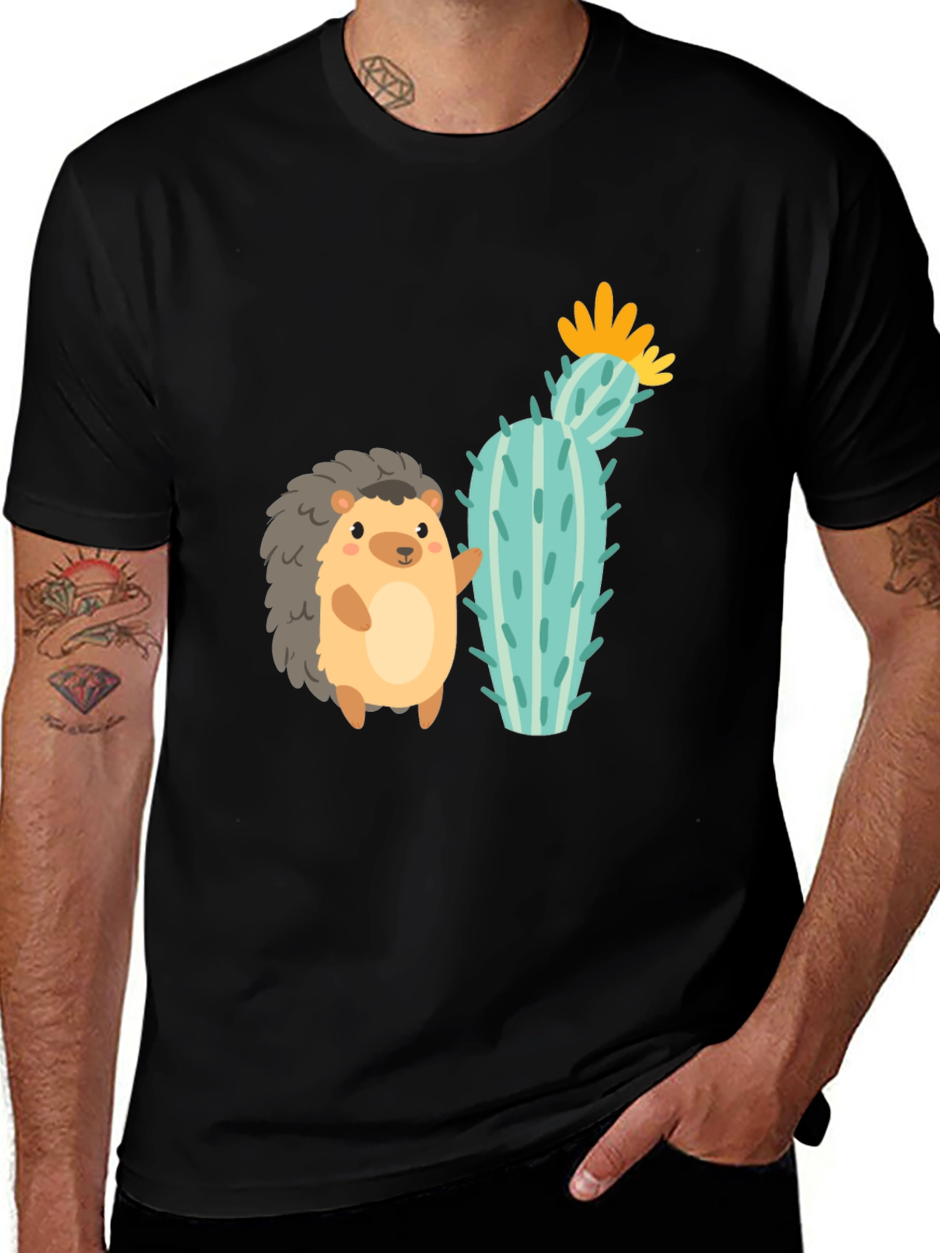 Cute Hedgehog & Cactus Graphic Tee - Unisex Black T-Shirt