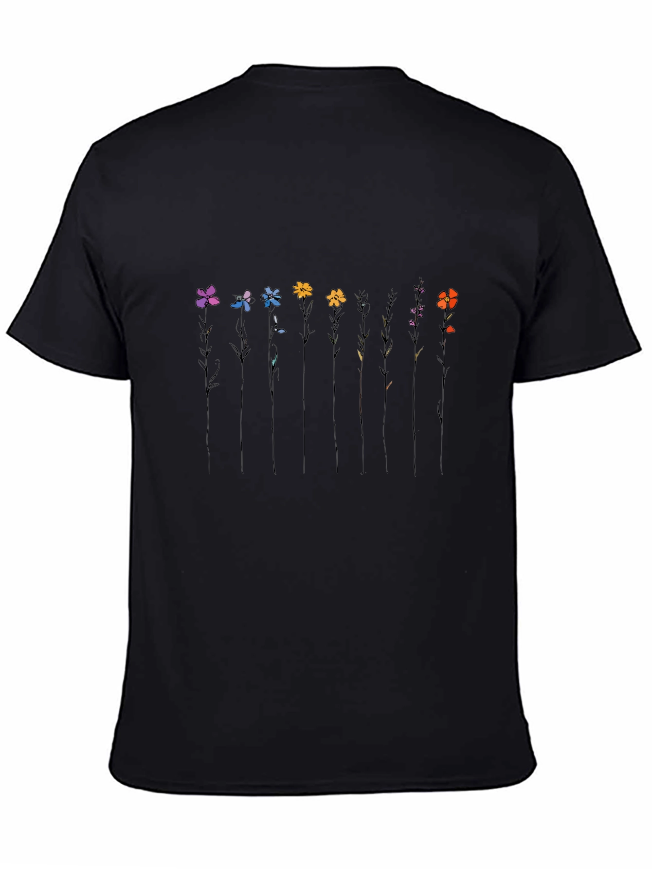 Minimalist Flower Line Art Black T-Shirt