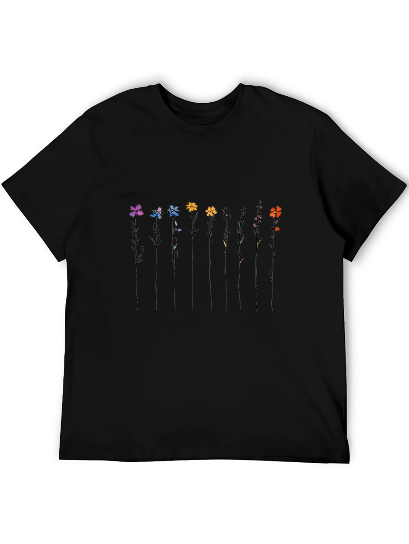 Minimalist Flower Line Art Black T-Shirt