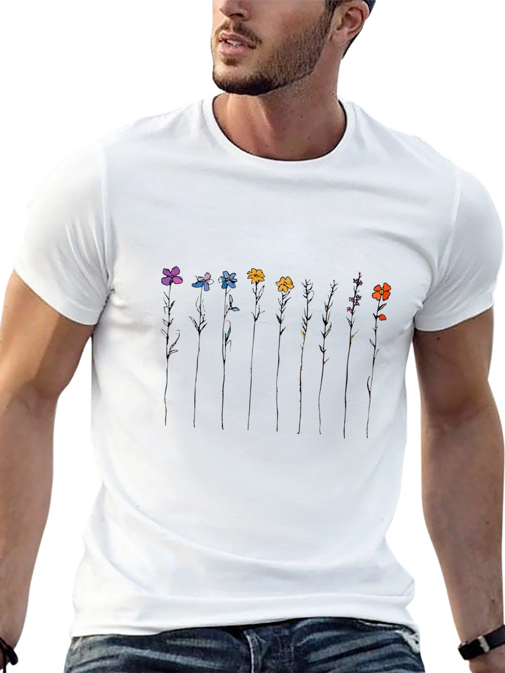 Minimalist Flower Line Art Black T-Shirt
