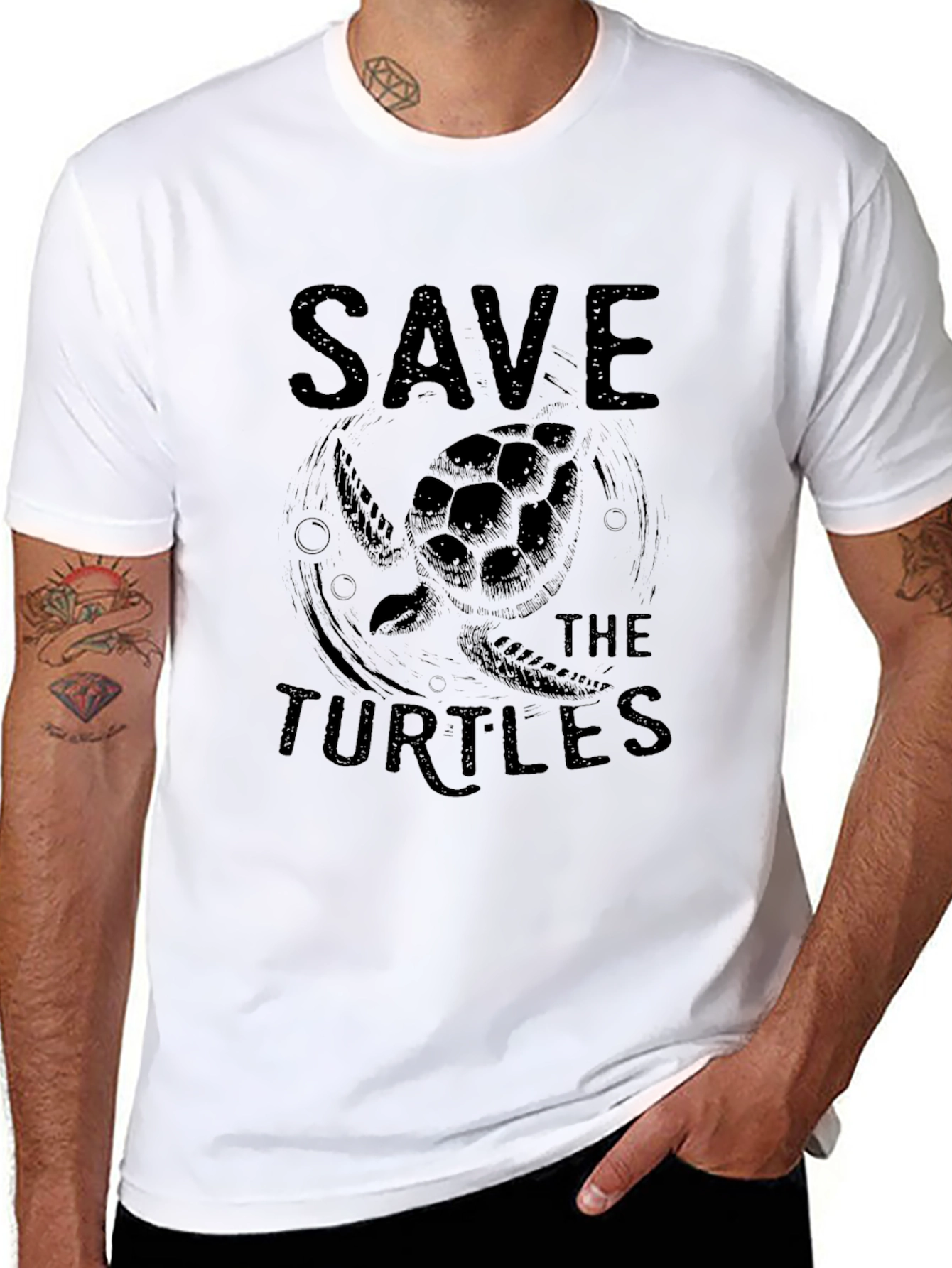 Save the Turtles Graphic Tee - Black Cotton T-Shirt