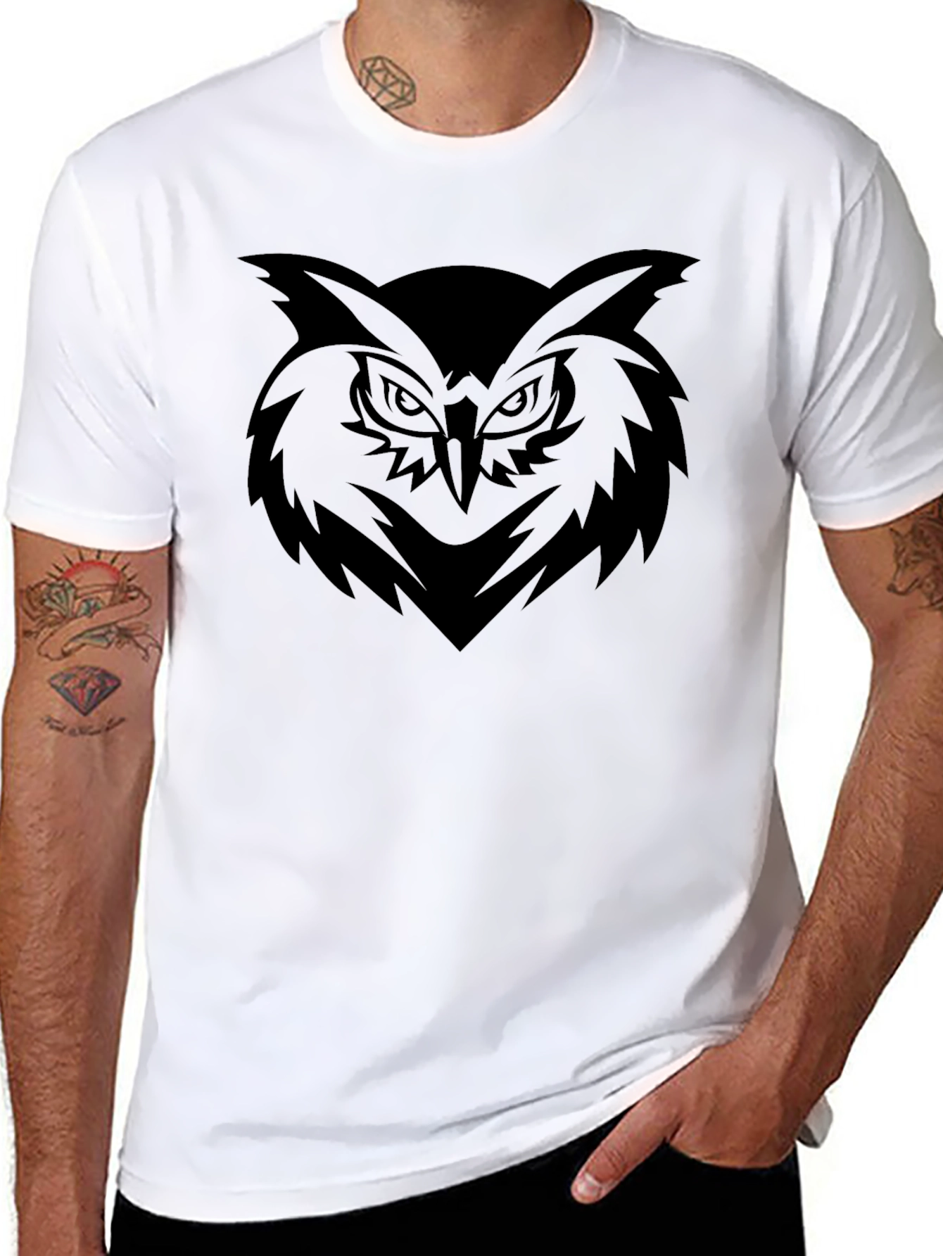 Mens Black T-Shirt with Owl Graphic