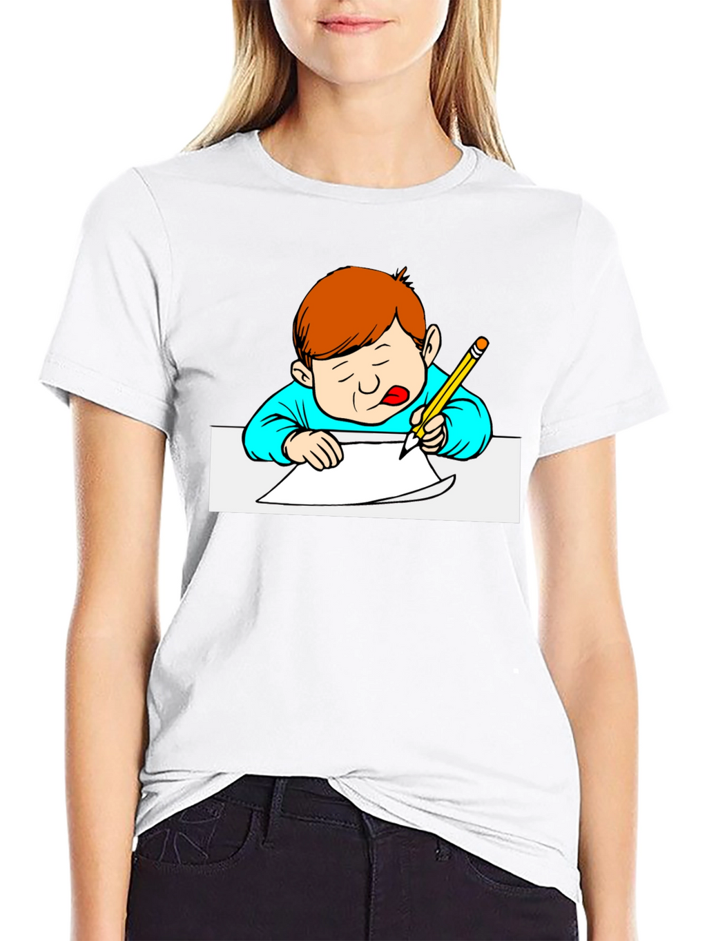 Cartoon Kid Writing Black T-Shirt