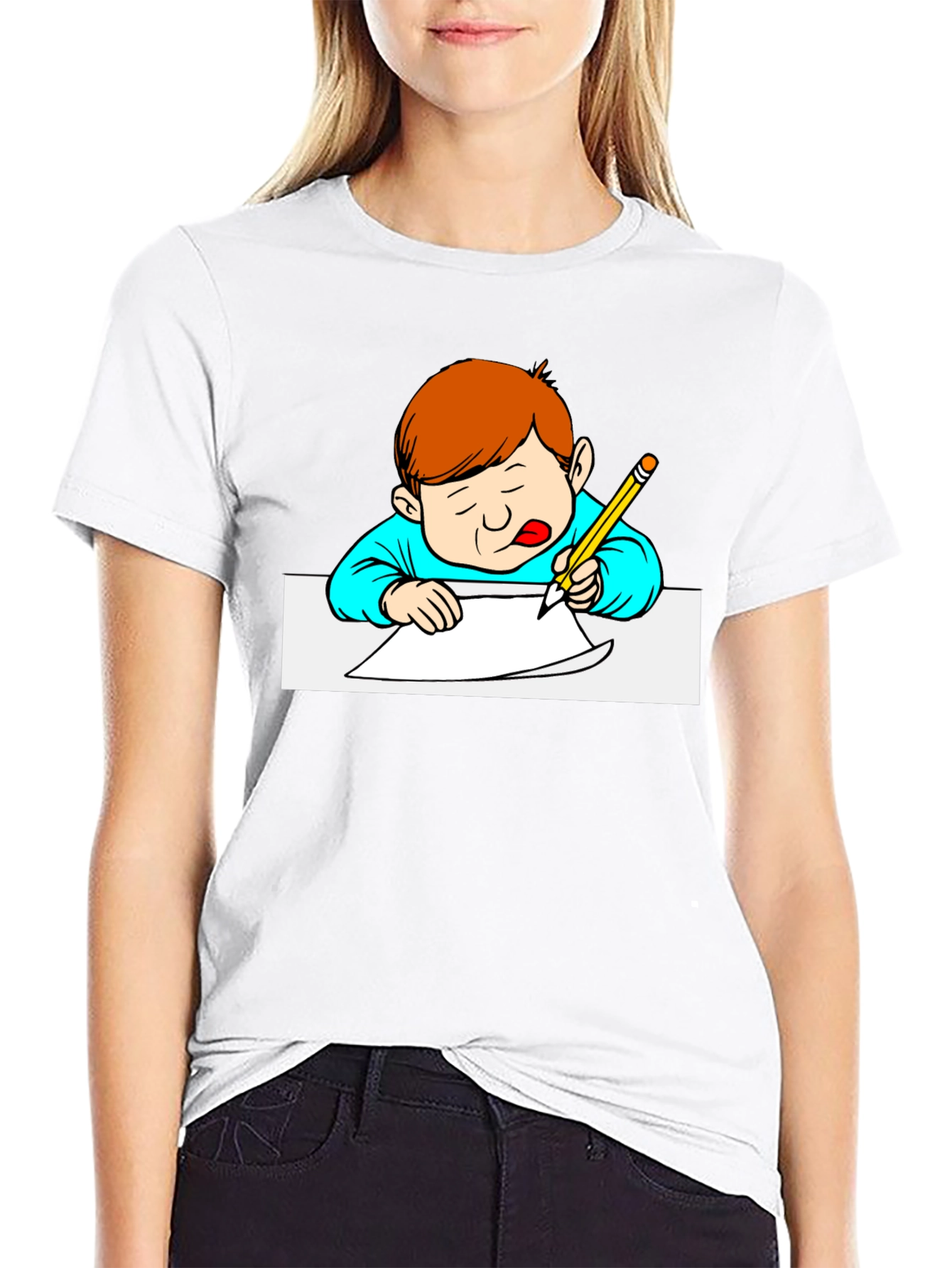 Cartoon Kid Writing Black T-Shirt