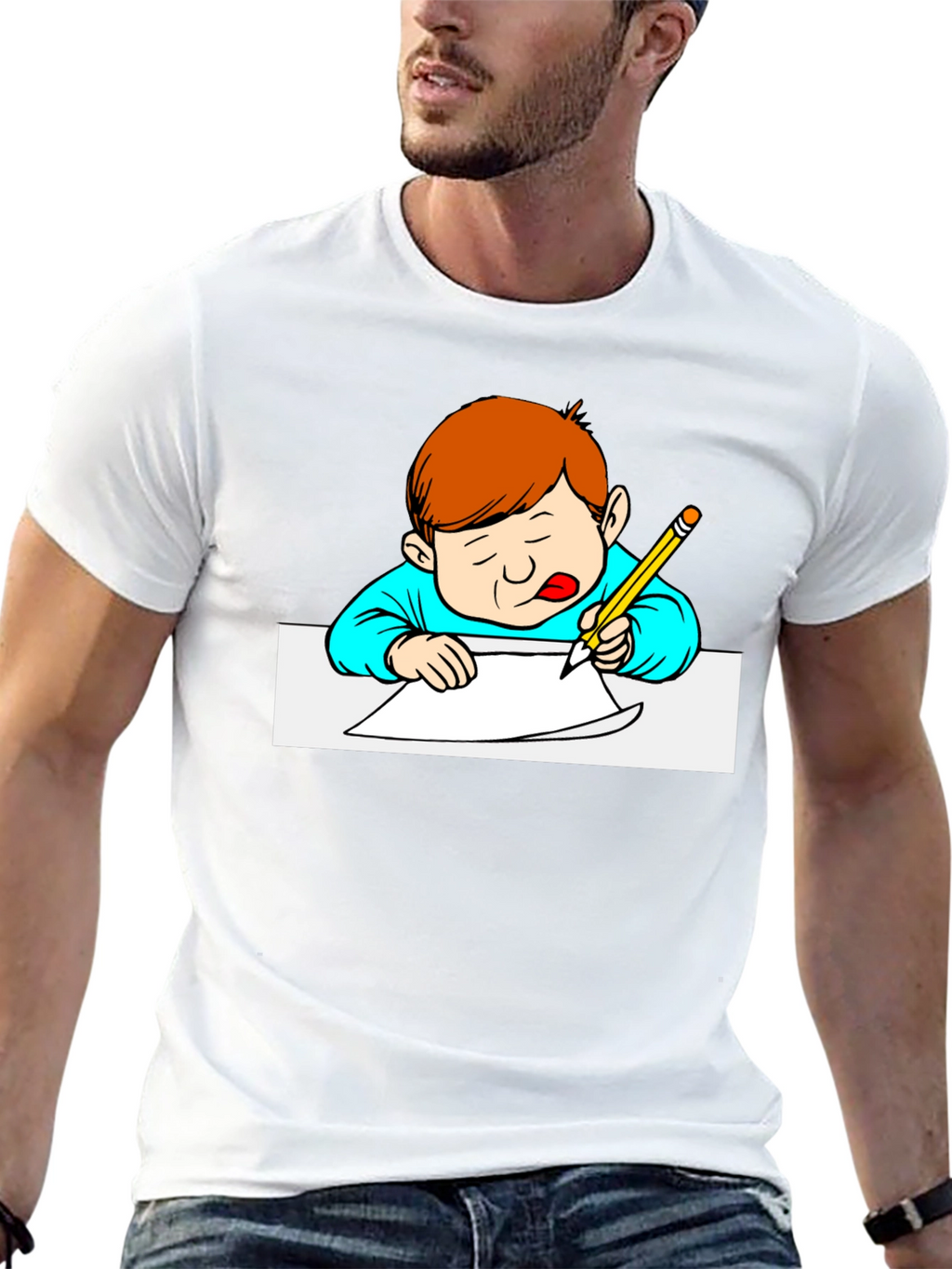 Cartoon Kid Writing Black T-Shirt