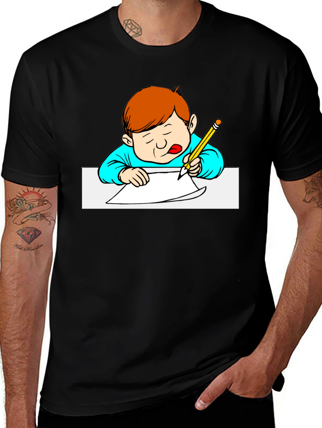 Cartoon Kid Writing Black T-Shirt