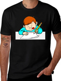 Cartoon Kid Writing Black T-Shirt