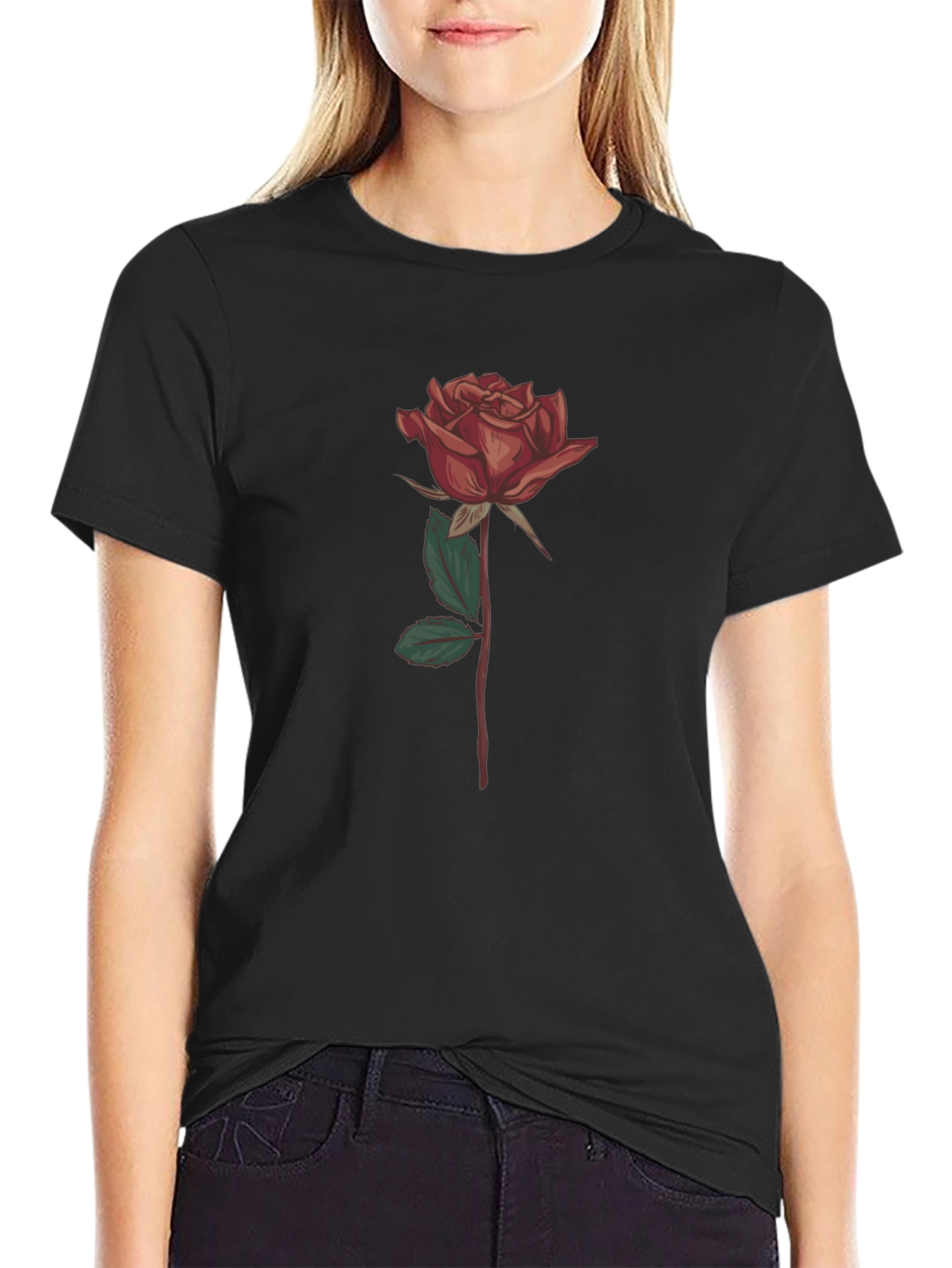 Rose Graphic Print T-Shirt - Stylish Black Tee
