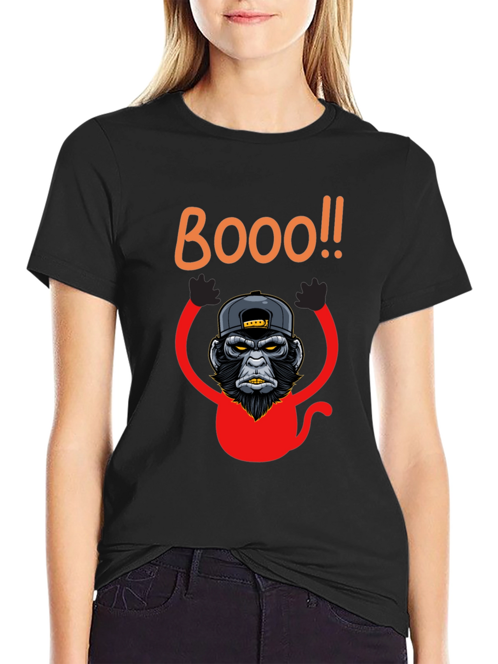 Boo Monkey Graphic Tee - Black Crew Neck Shirt