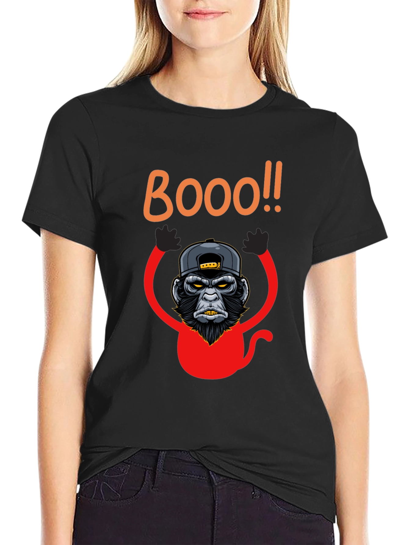 Boo Monkey Graphic Tee - Black Crew Neck Shirt