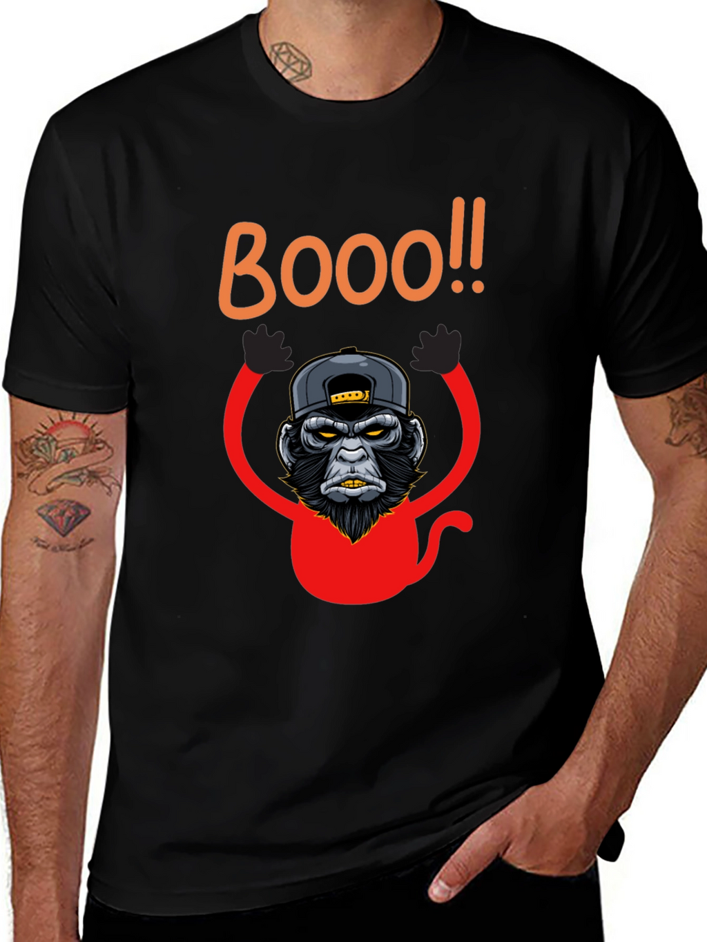 Boo Monkey Graphic Tee - Black Crew Neck Shirt
