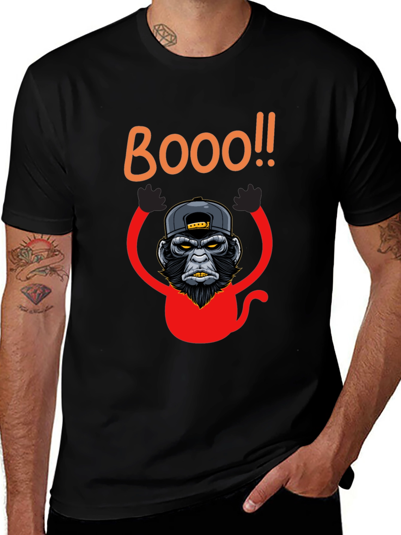 Boo Monkey Graphic Tee - Black Crew Neck Shirt