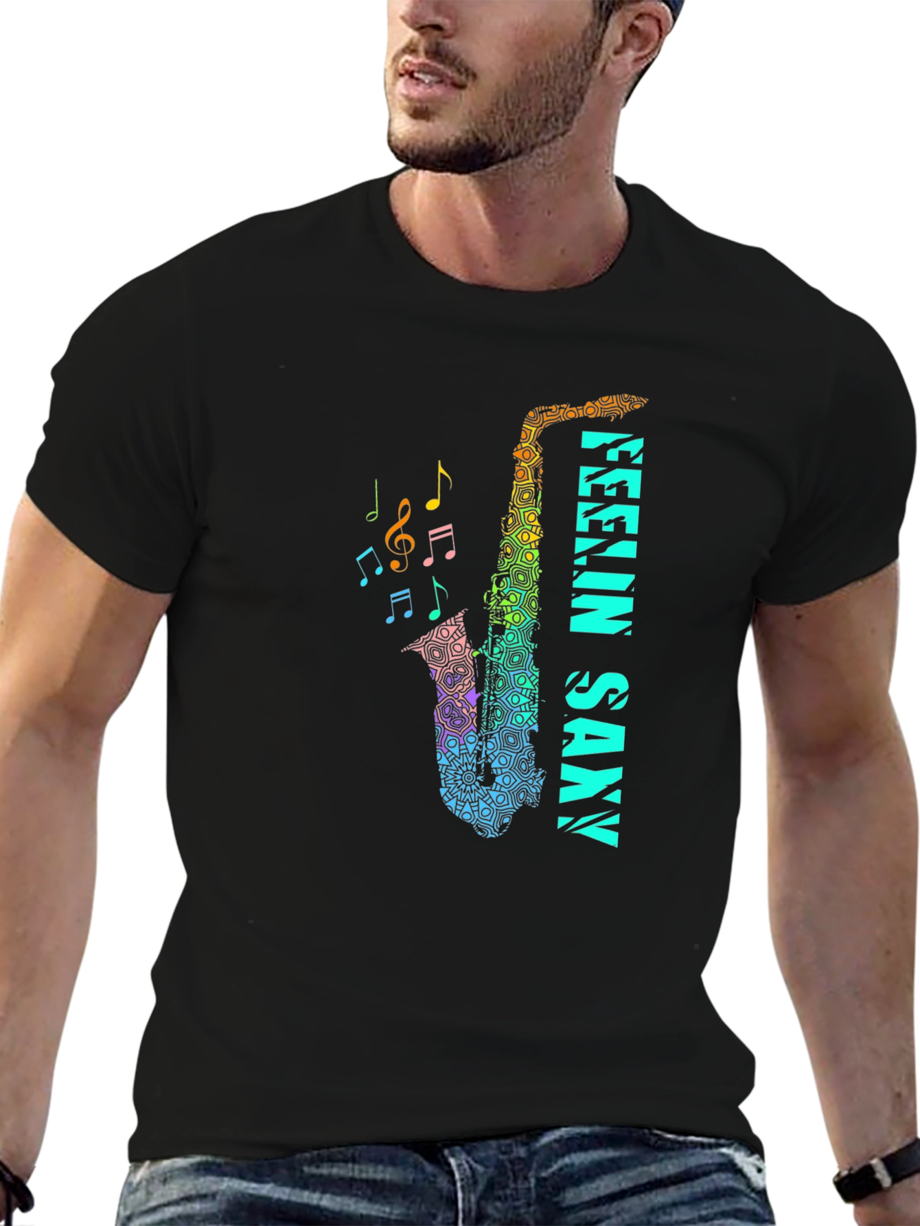 Feelin Saxxy Black T-Shirt - Musical Instrument Graphic Tee