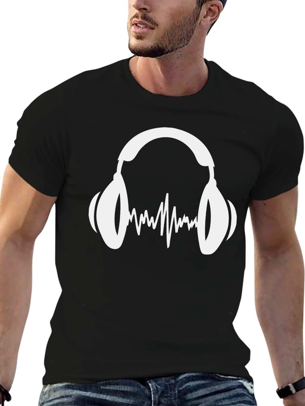 Music Lovers Black T-Shirt: Headphones & Sound Wave Graphic