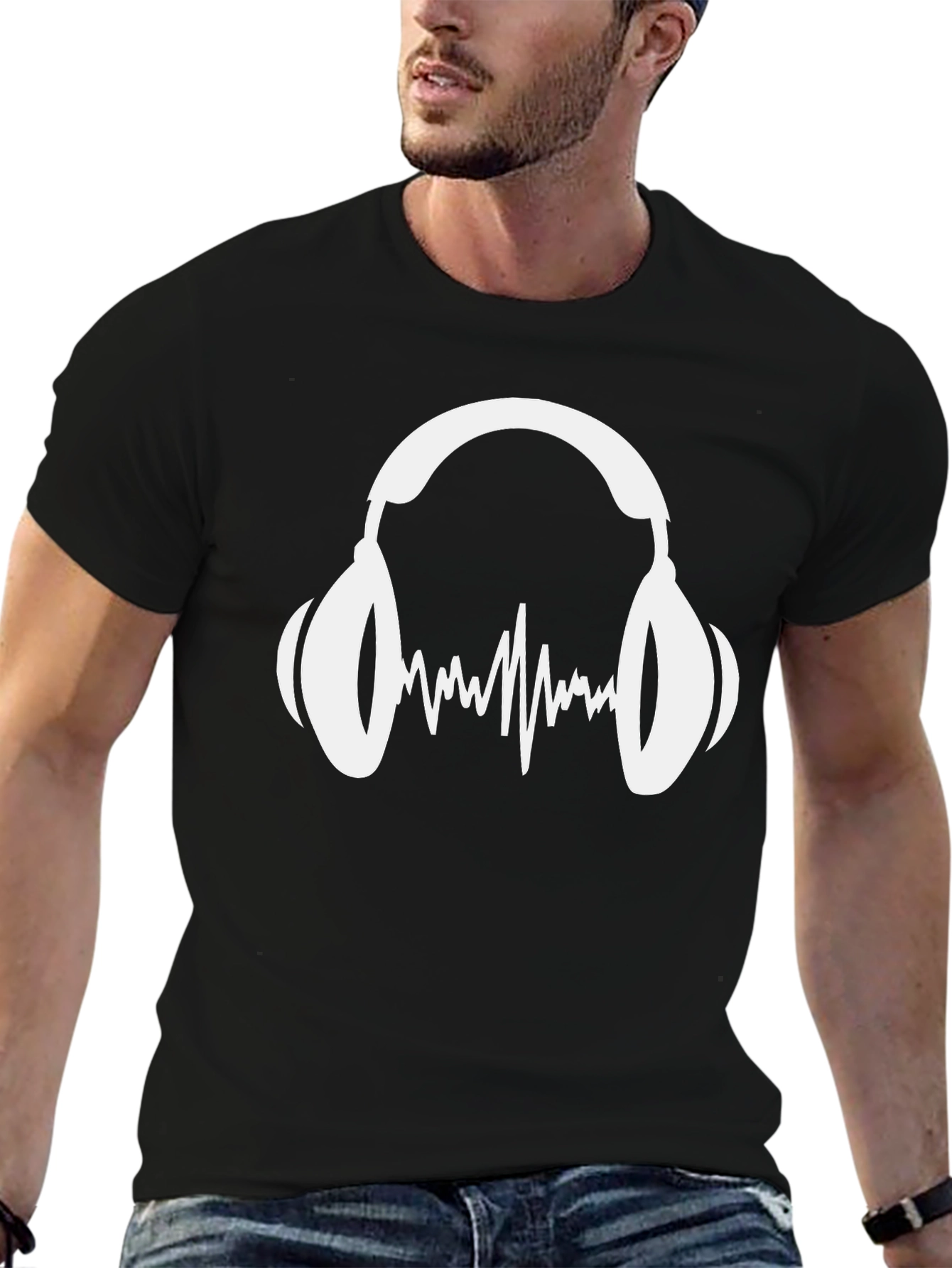 Music Lovers Black T-Shirt: Headphones & Sound Wave Graphic