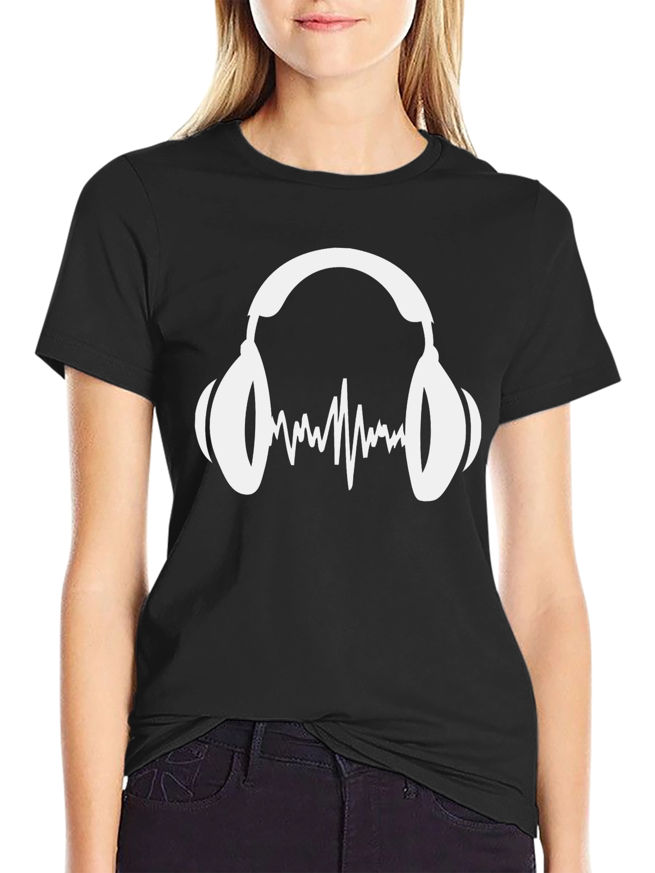 Music Lovers Black T-Shirt: Headphones & Sound Wave Graphic