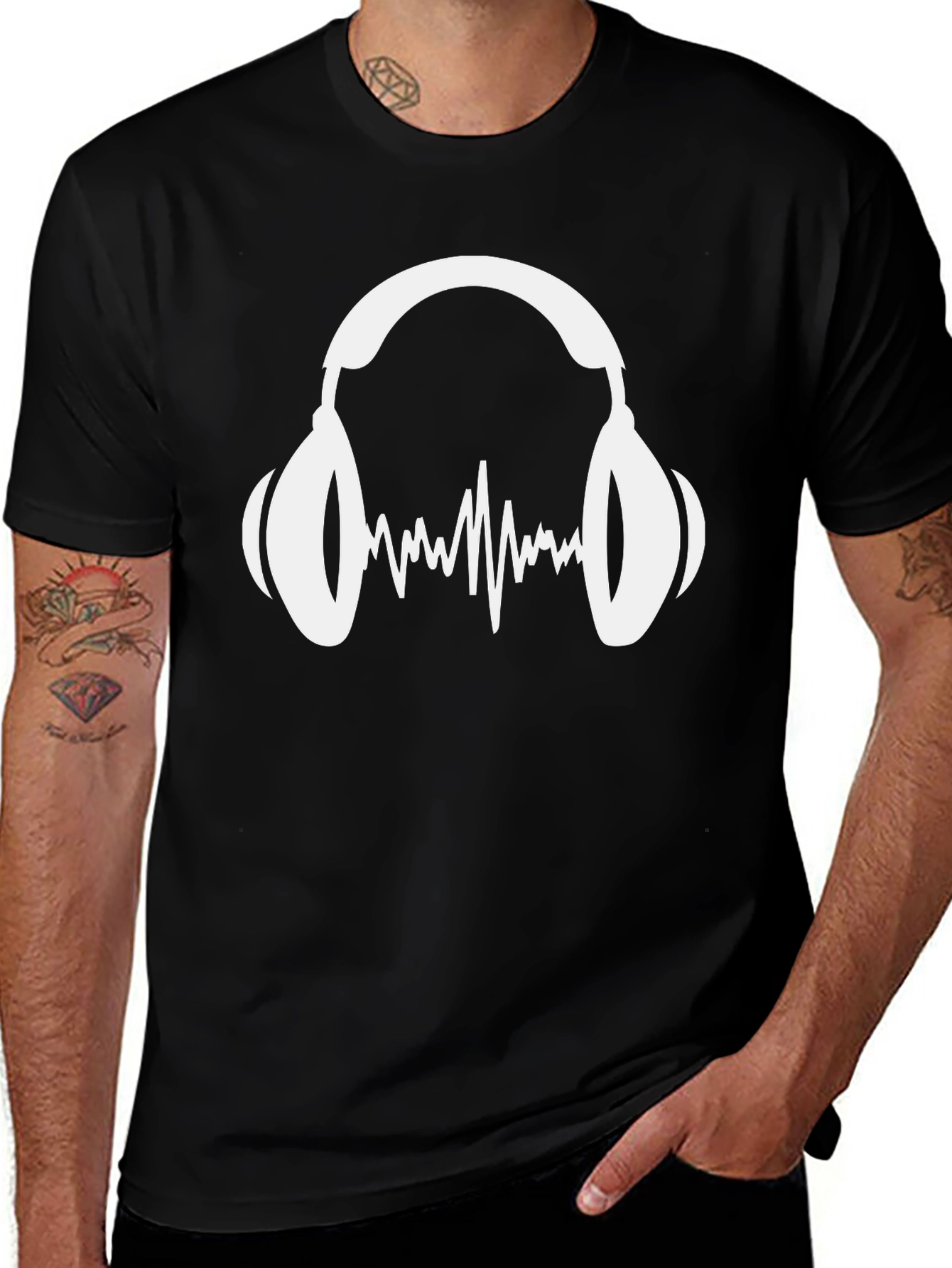 Music Lovers Black T-Shirt: Headphones & Sound Wave Graphic
