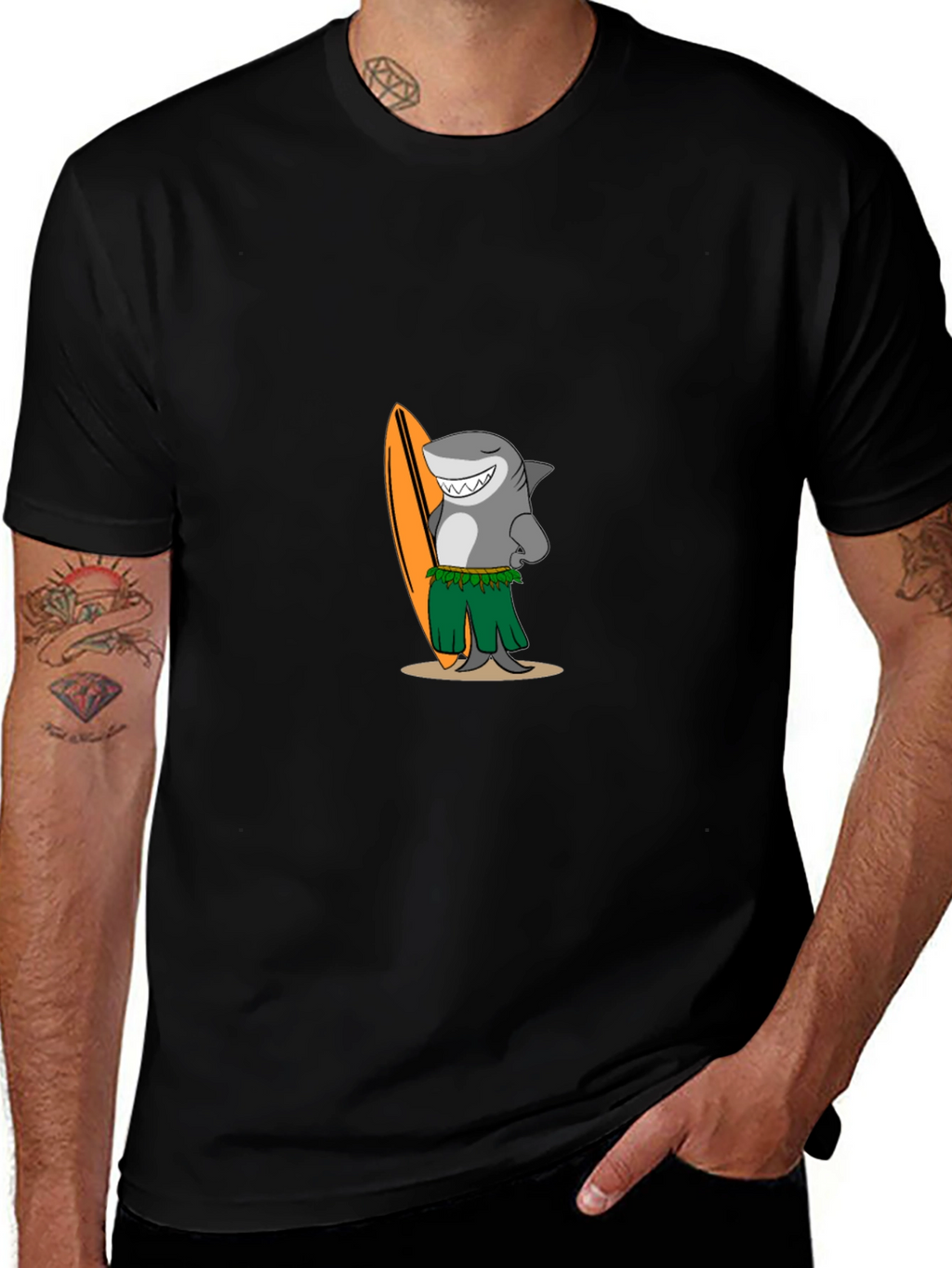Surfing Shark Graphic Tee - Black Cotton T-Shirt