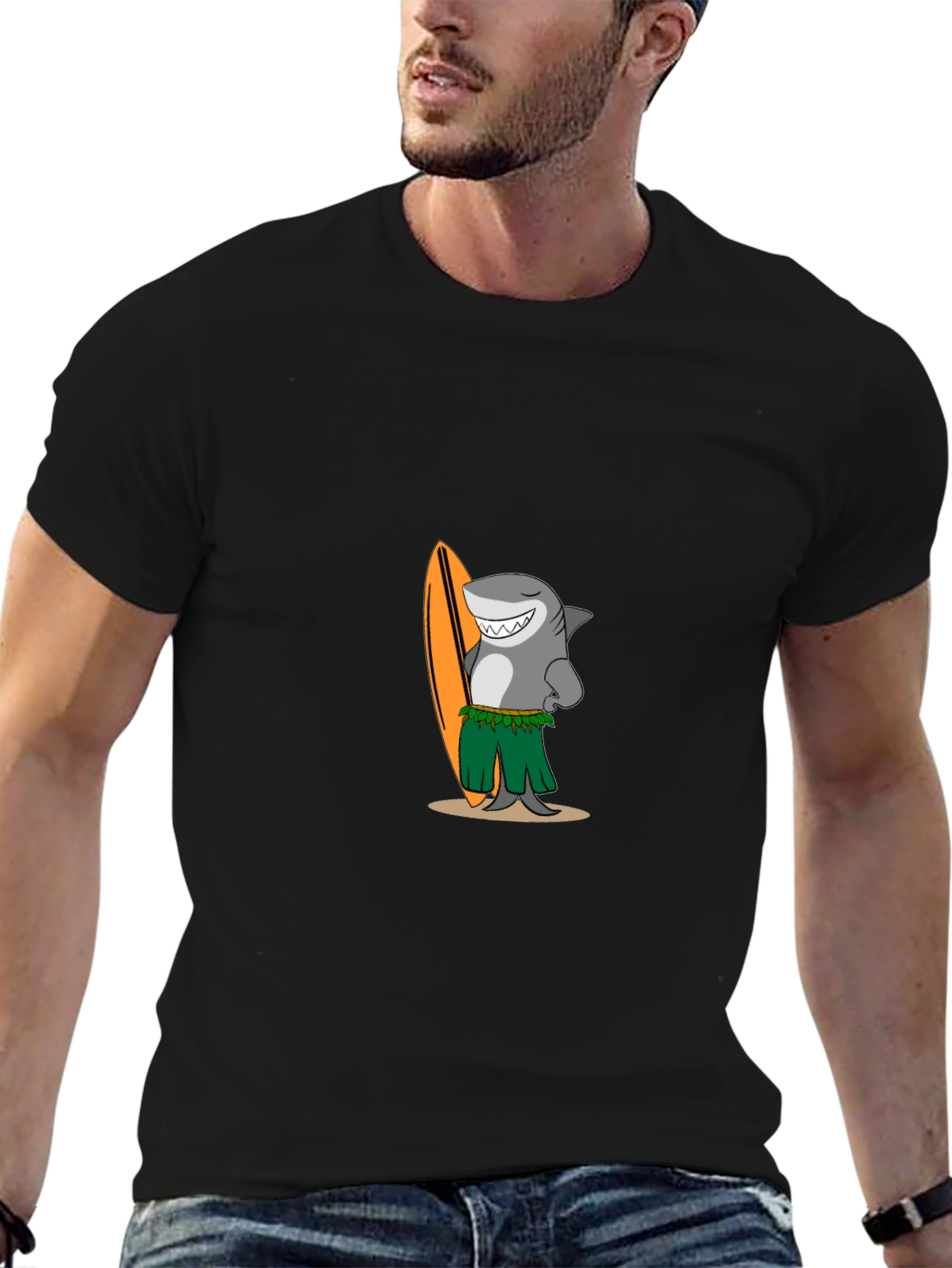 Surfing Shark Graphic Tee - Black Cotton T-Shirt