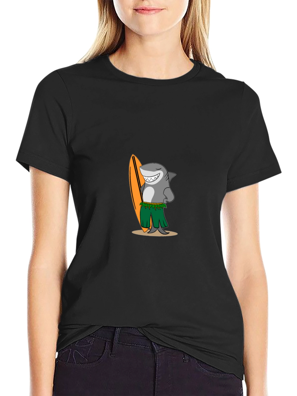 Surfing Shark Graphic Tee - Black Cotton T-Shirt
