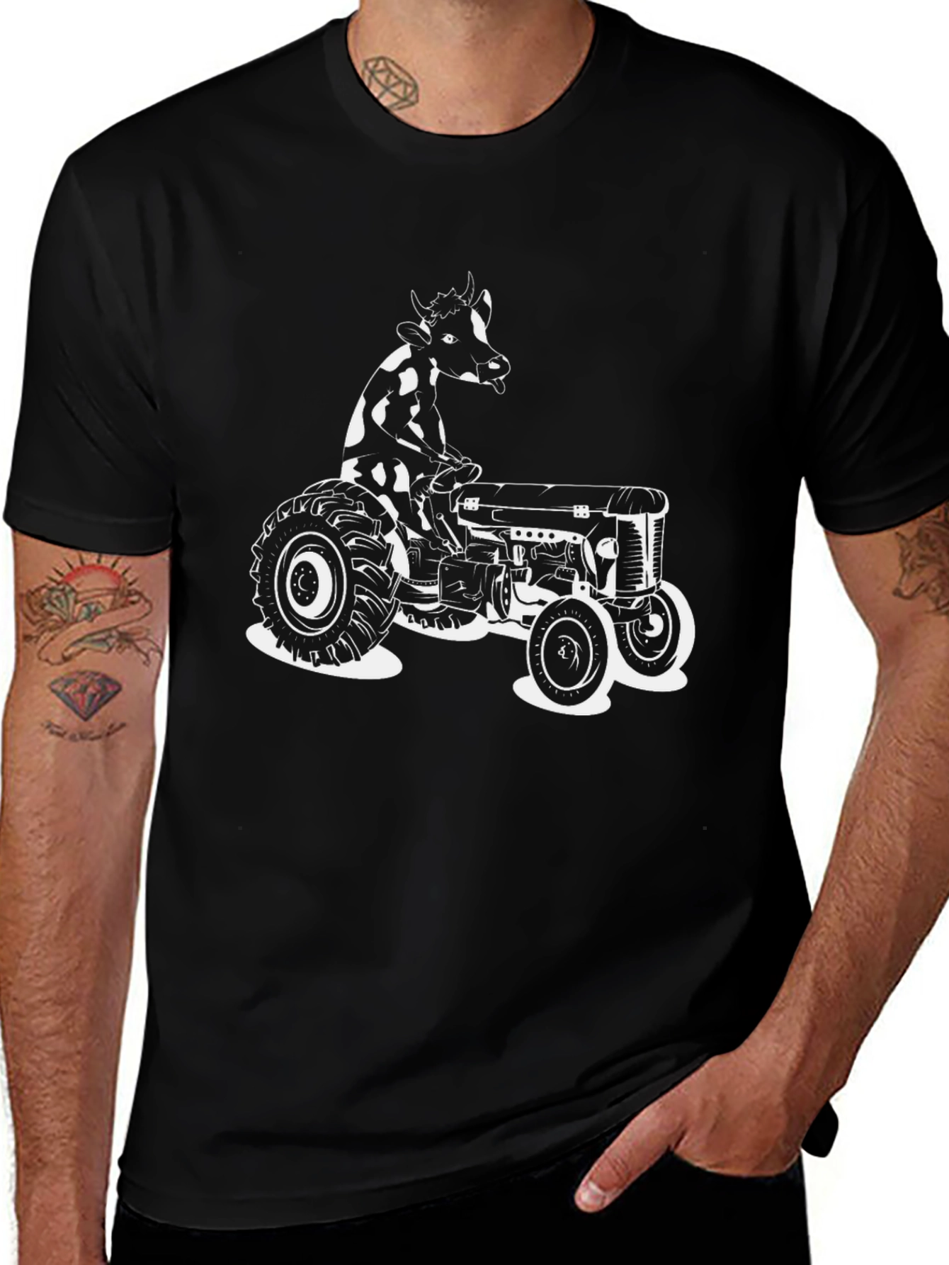 Cow on Tractor Graphic Tee - Black Cotton Shirt