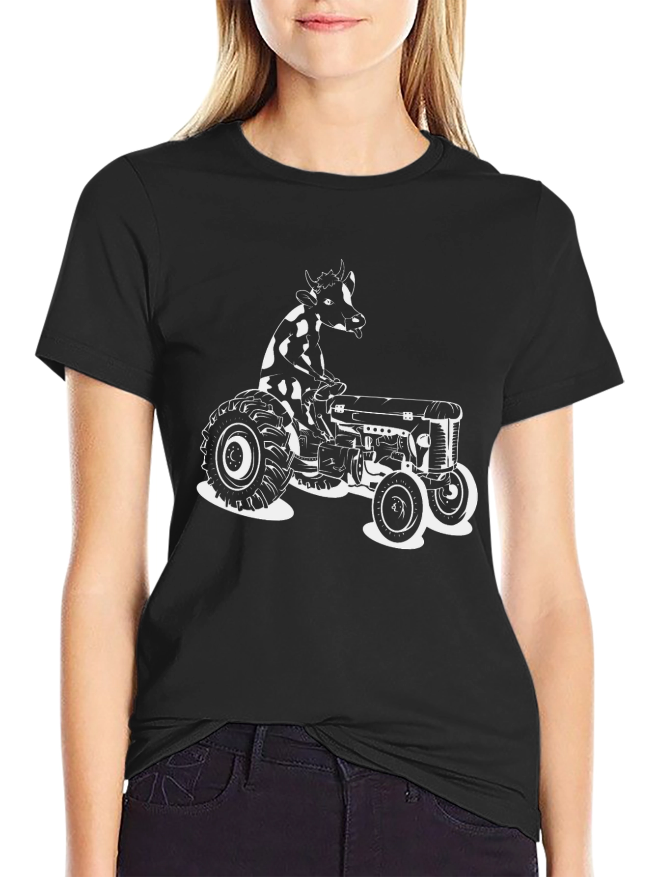 Cow on Tractor Graphic Tee - Black Cotton Shirt