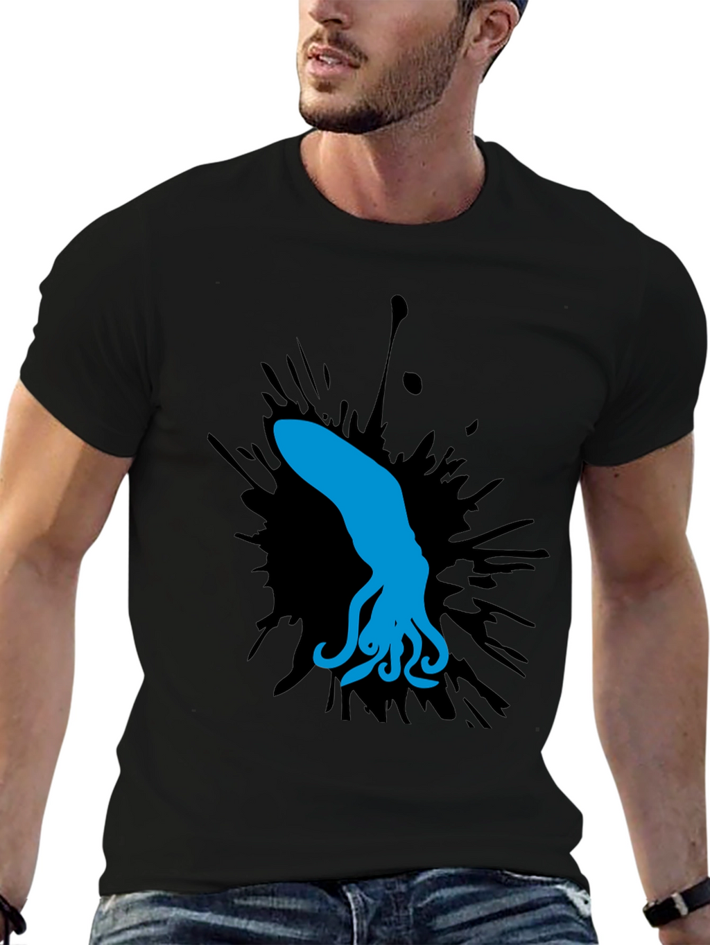 Blue Squid Graphic Tee - Black Cotton Shirt