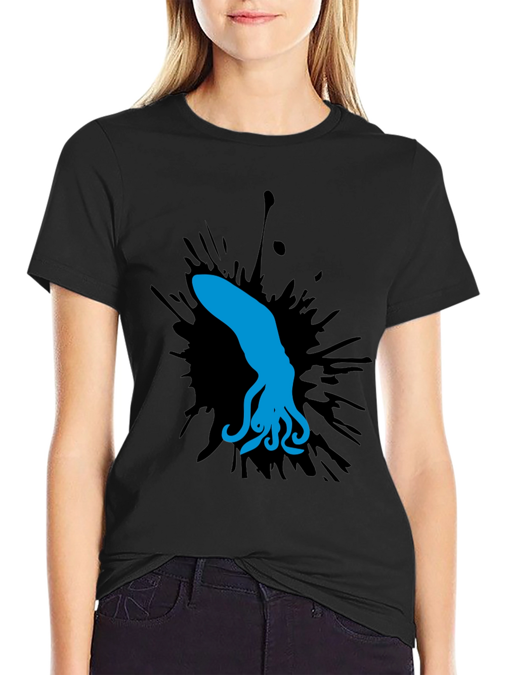 Blue Squid Graphic Tee - Black Cotton Shirt