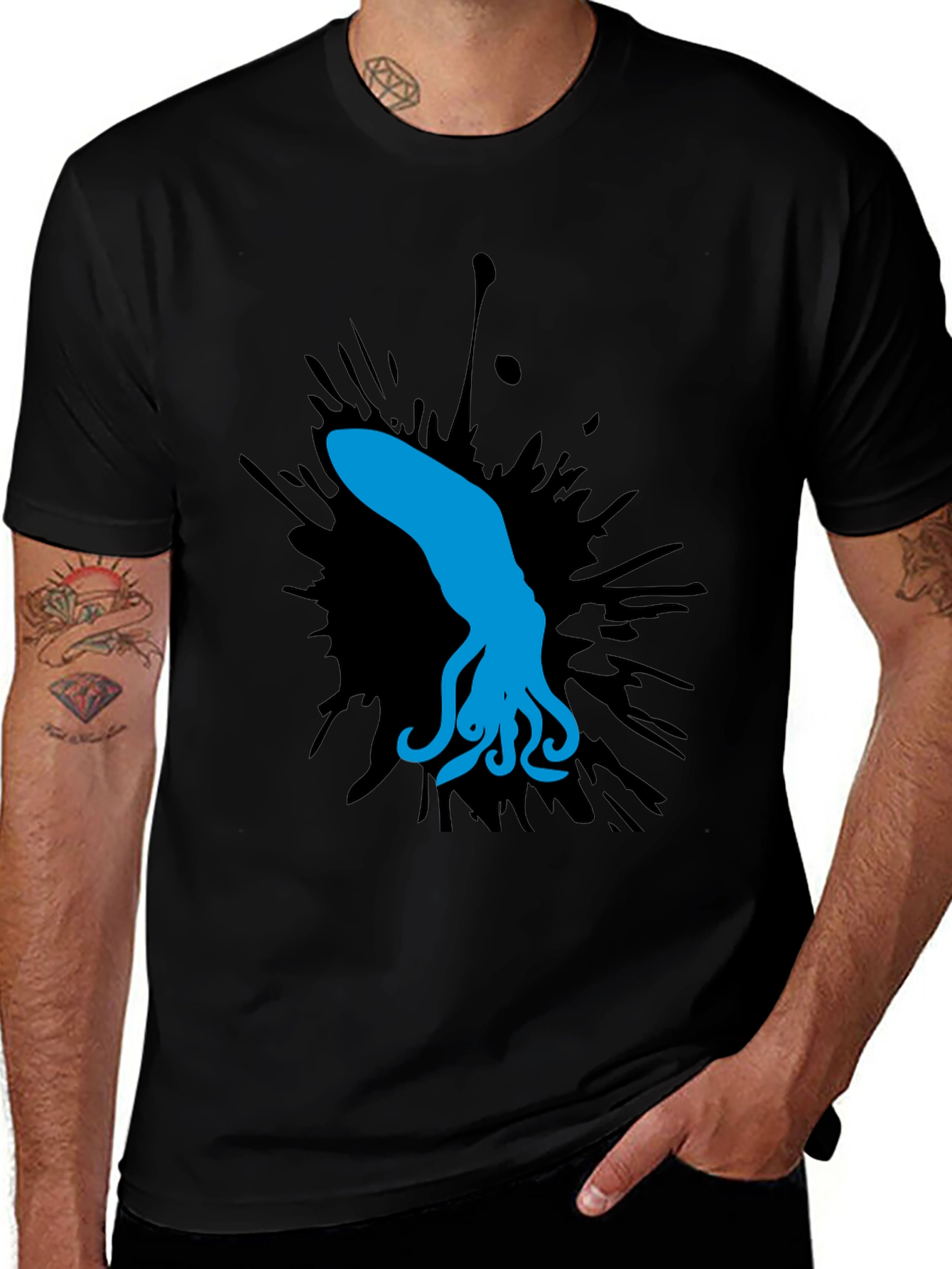 Blue Squid Graphic Tee - Black Cotton Shirt