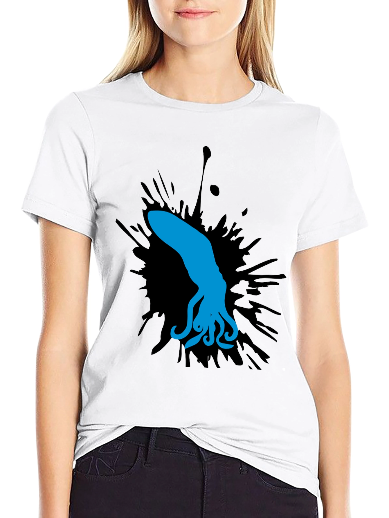 Blue Squid Graphic Tee - Black Cotton Shirt