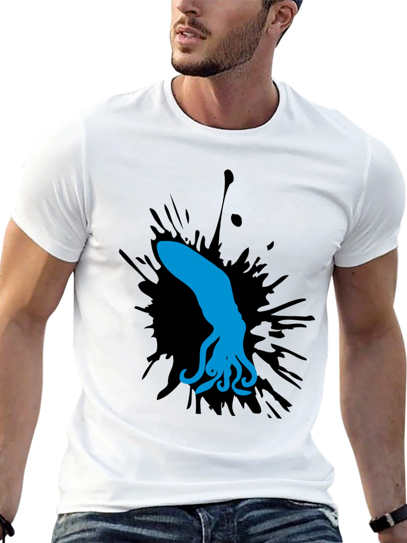 Blue Squid Graphic Tee - Black Cotton Shirt