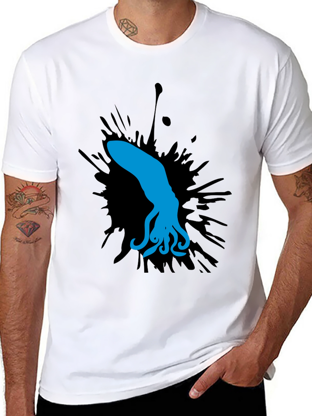 Blue Squid Graphic Tee - Black Cotton Shirt