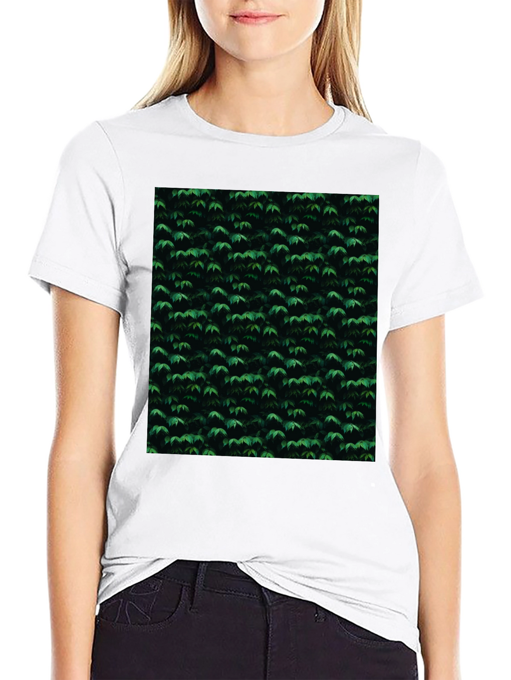 Stylish Black Tee with Green Leaf Pattern