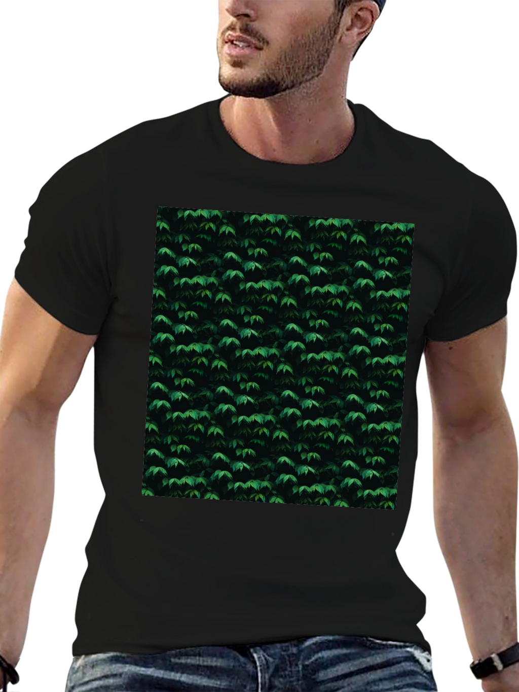 Stylish Black Tee with Green Leaf Pattern