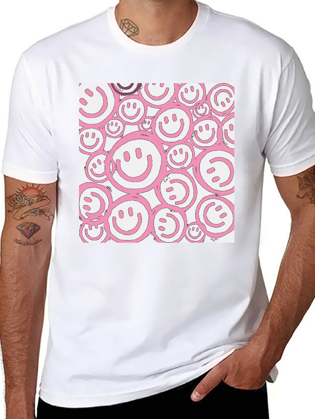 Pink Smiley Face Graphic Black T-Shirt