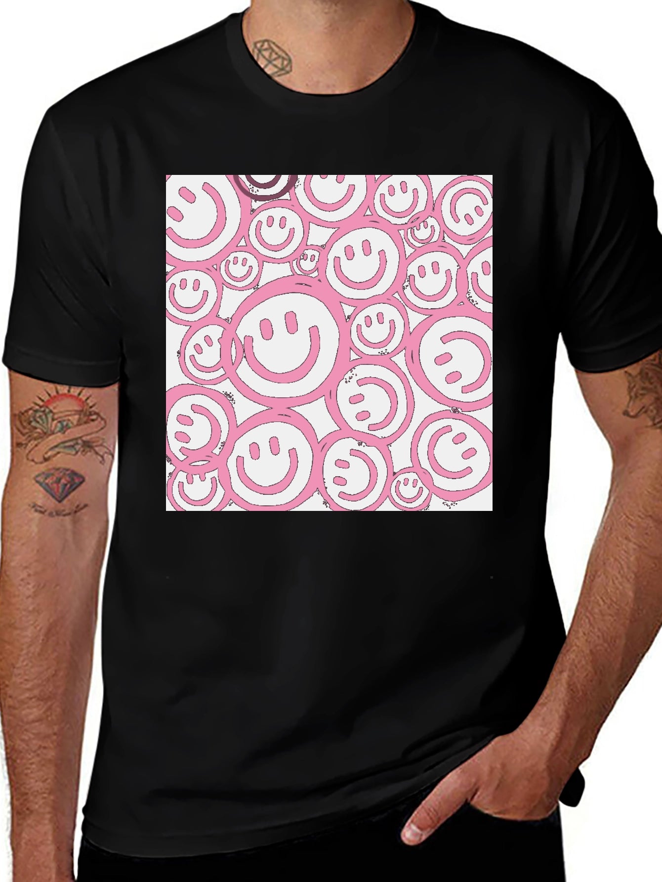 Pink Smiley Face Graphic Black T-Shirt