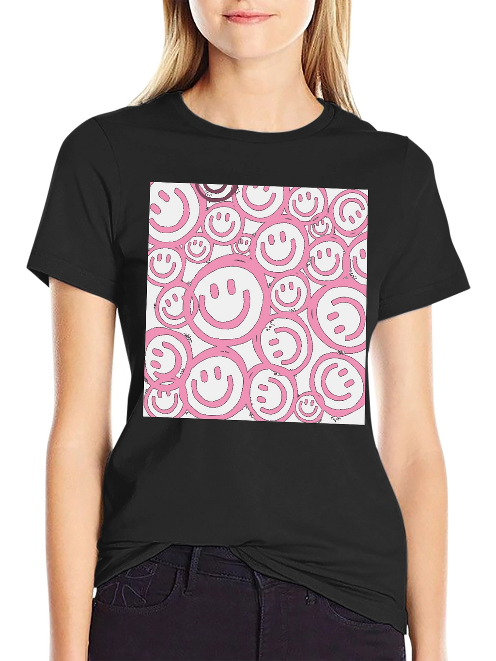 Pink Smiley Face Graphic Black T-Shirt