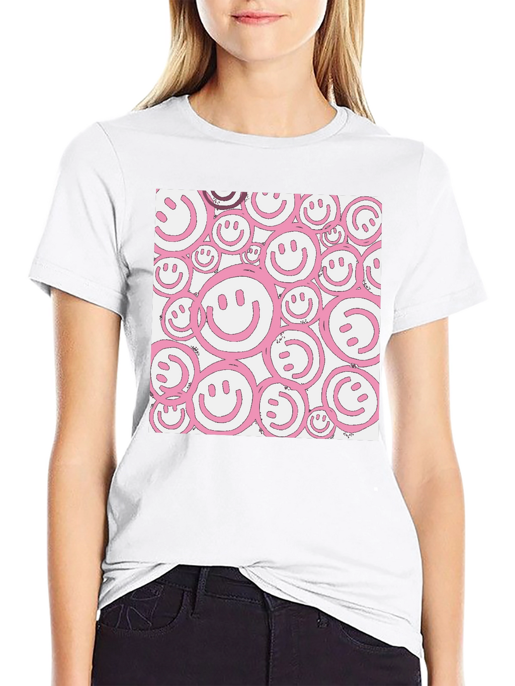 Pink Smiley Face Graphic Black T-Shirt