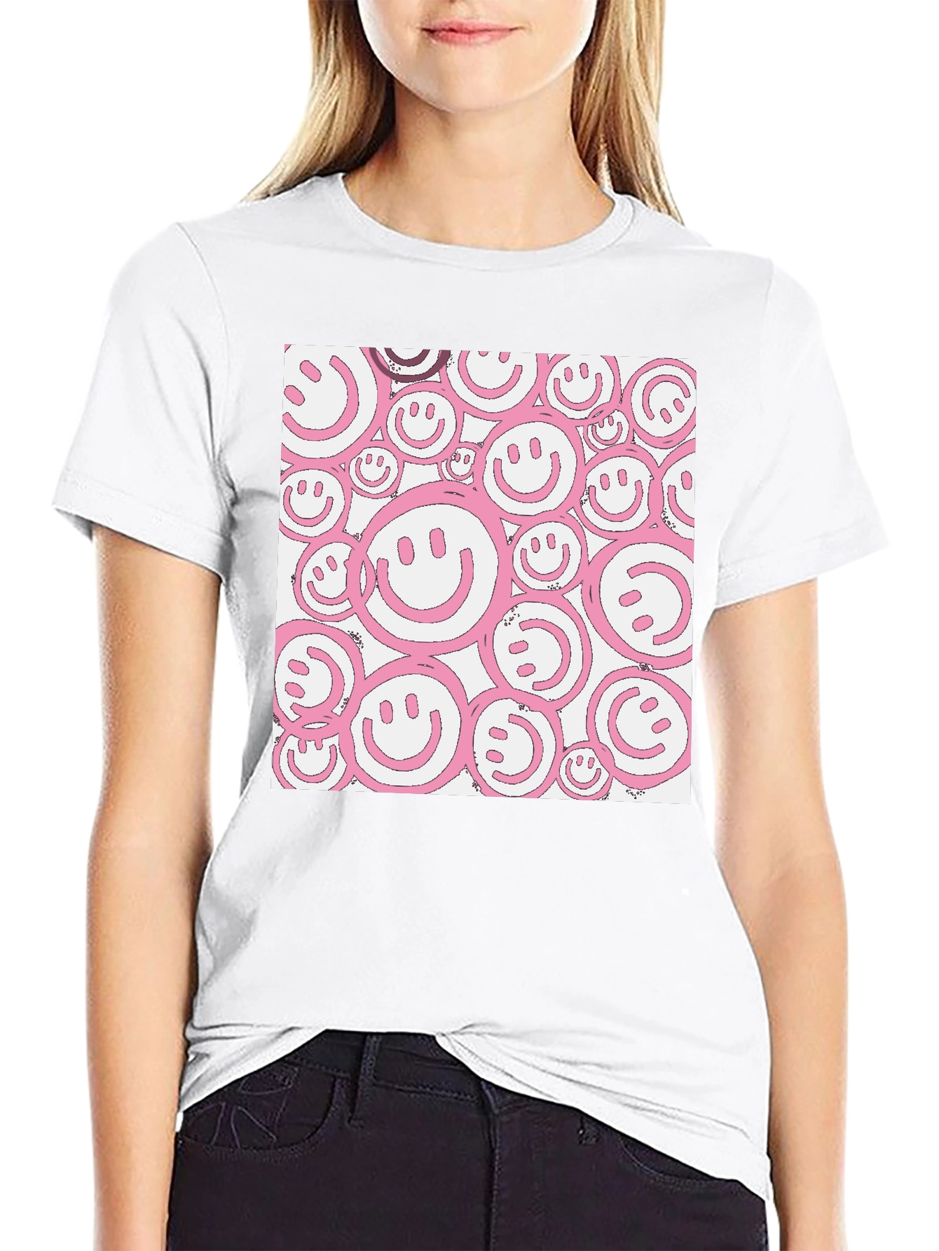 Pink Smiley Face Graphic Black T-Shirt