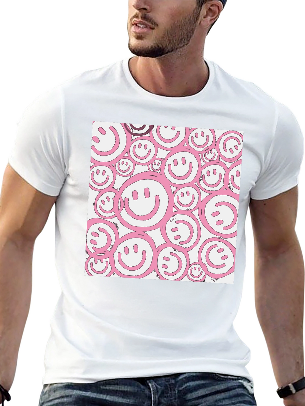 Pink Smiley Face Graphic Black T-Shirt