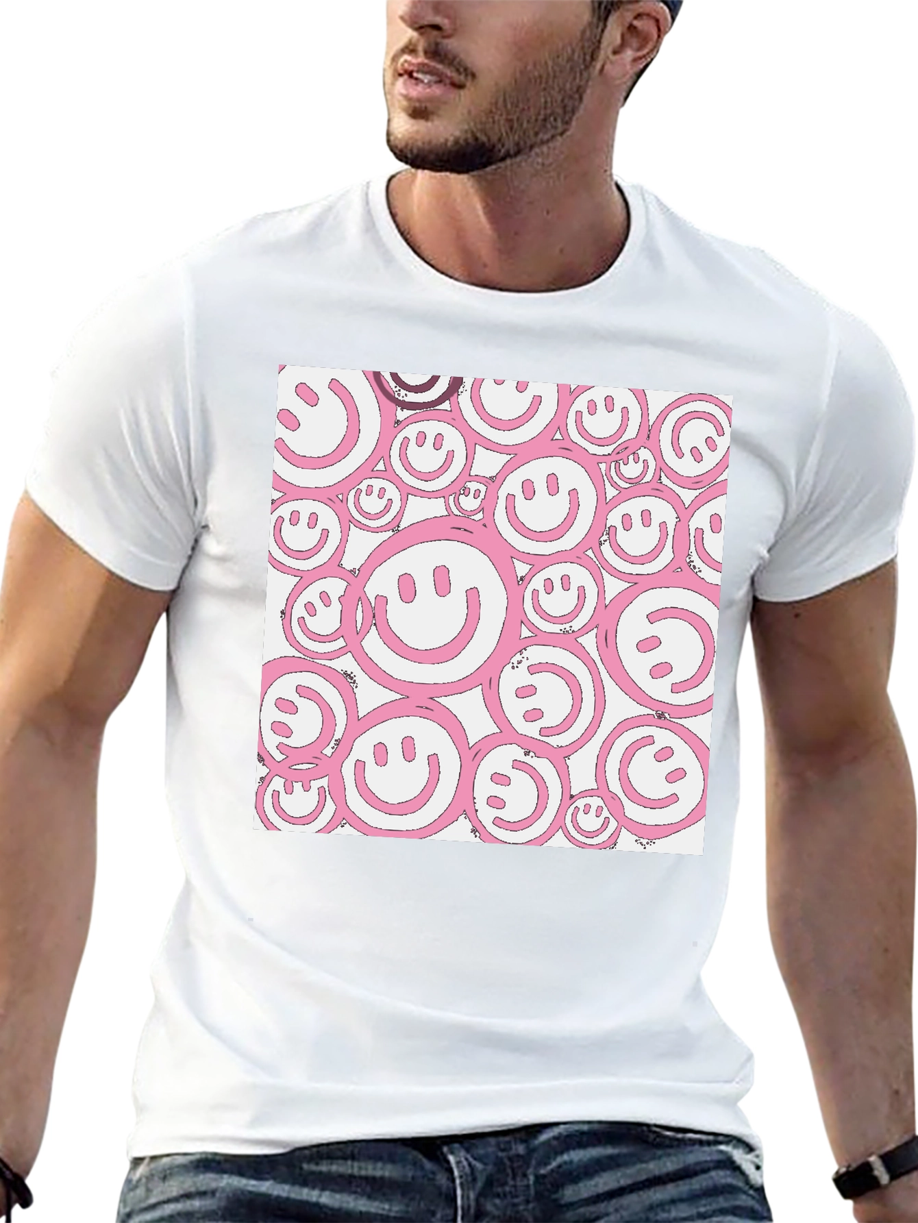 Pink Smiley Face Graphic Black T-Shirt