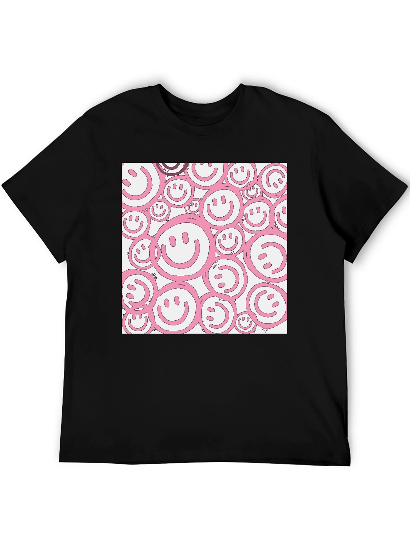 Pink Smiley Face Graphic Black T-Shirt