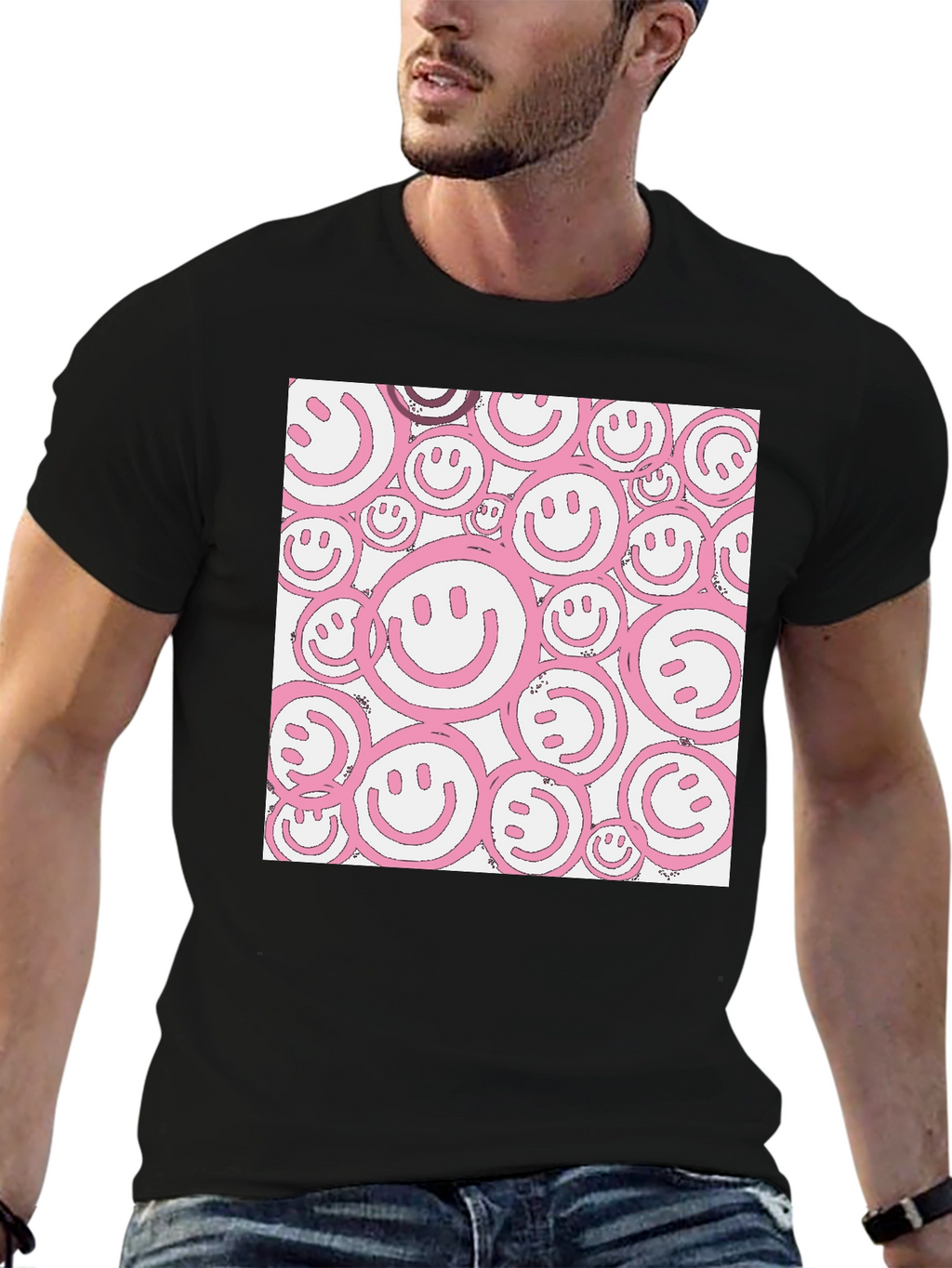 Pink Smiley Face Graphic Black T-Shirt